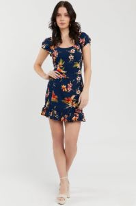 Navy Tropical Floral Print Smocked Mini Dress sold by Urban Planet