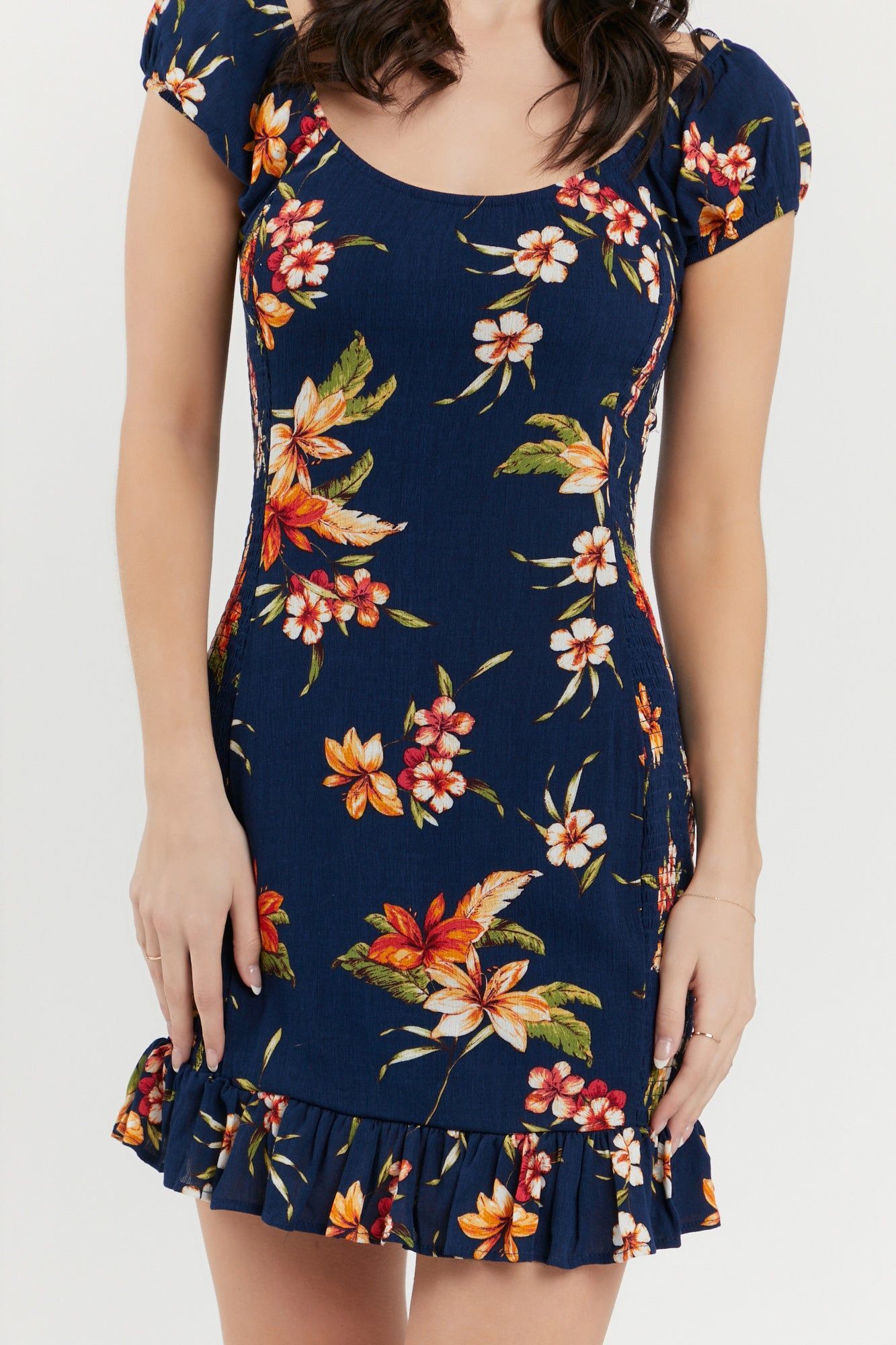 Navy Tropical Floral Print Smocked Mini Dress sold by Urban Planet product image thumbnail 5