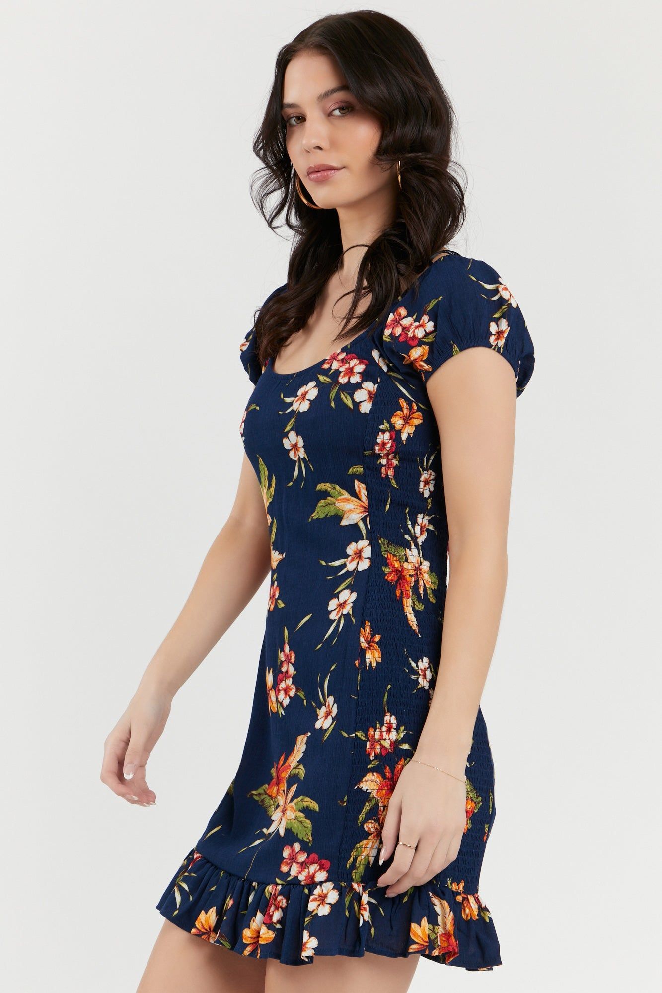 Navy Tropical Floral Print Smocked Mini Dress sold by Urban Planet product image thumbnail 2