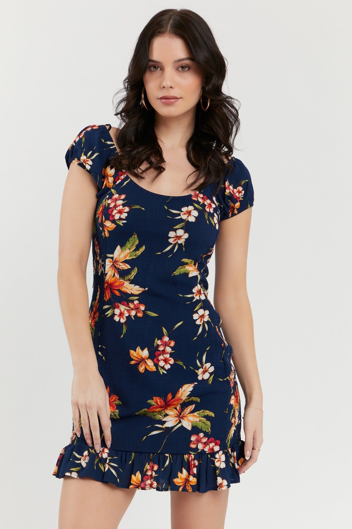 Navy Tropical Floral Print Smocked Mini Dress sold by Urban Planet