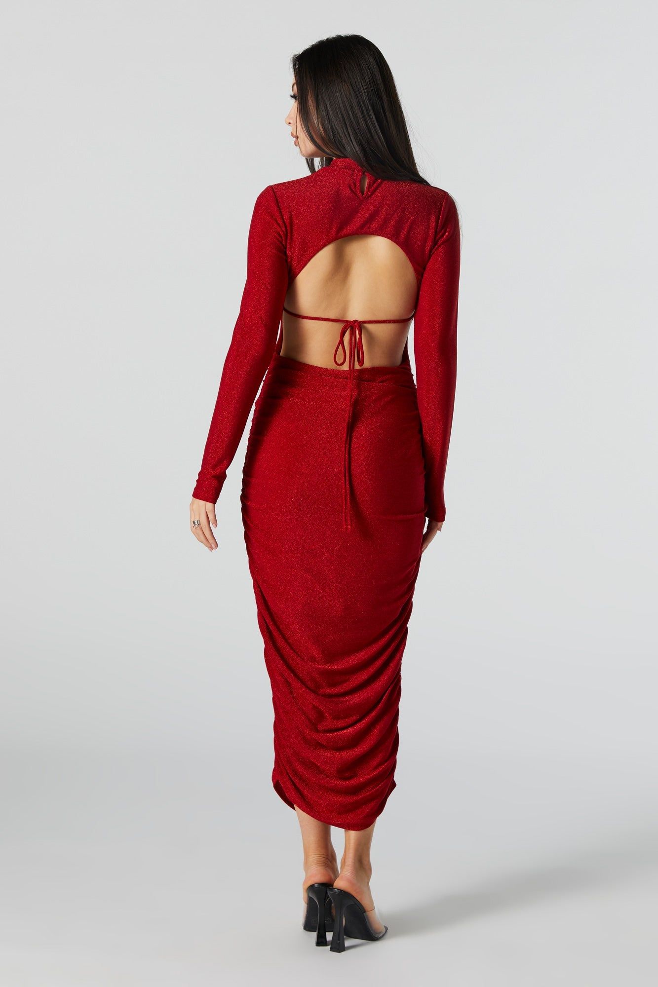 Red Sparkle Ruched Long Sleeve Midi Dress sold by Urban Planet product image thumbnail 3