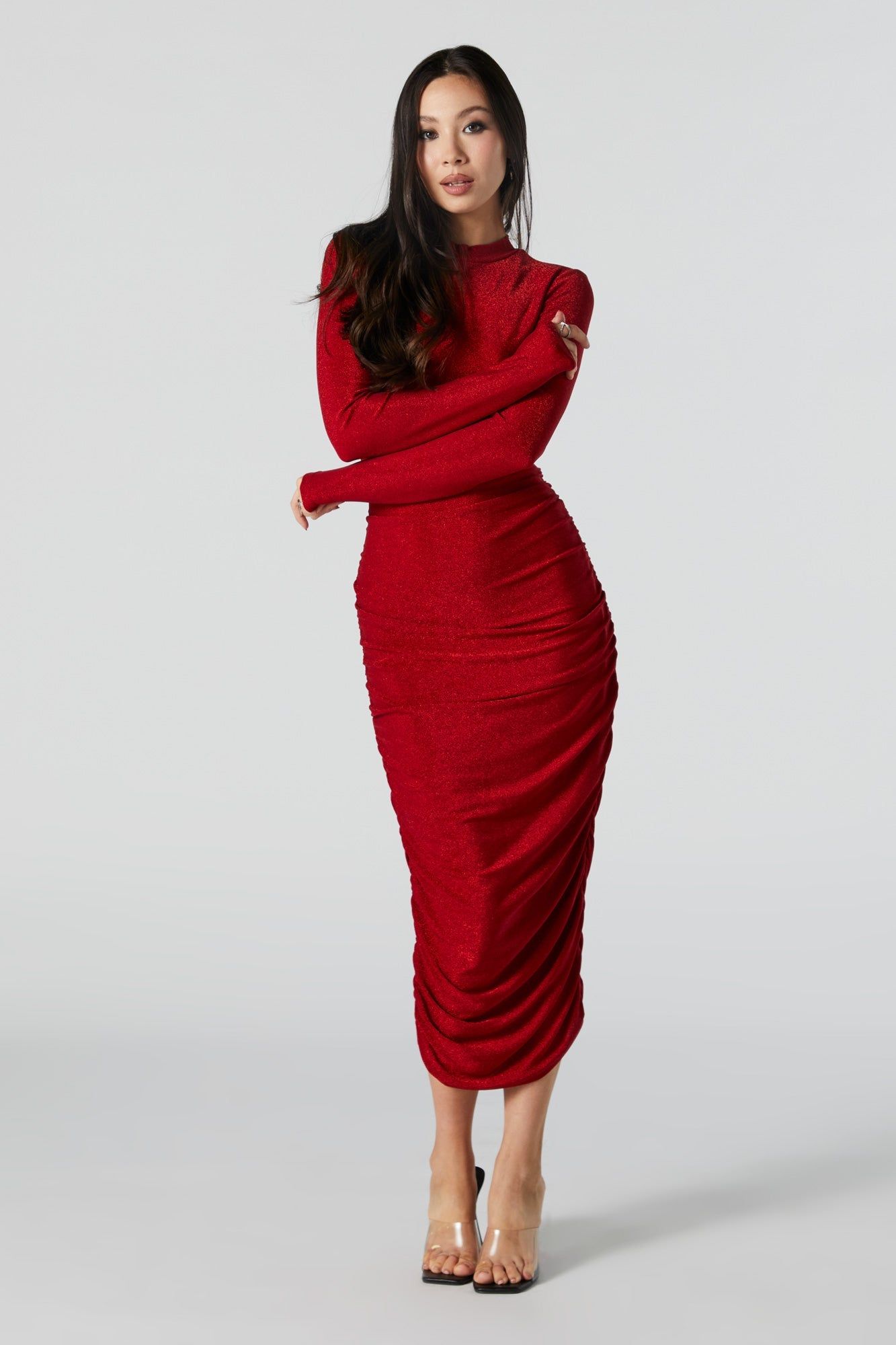Red Sparkle Ruched Long Sleeve Midi Dress sold by Urban Planet product image thumbnail 2