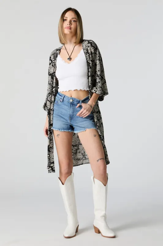 Black Floral Print Open Front Kimono sold by Urban Planet