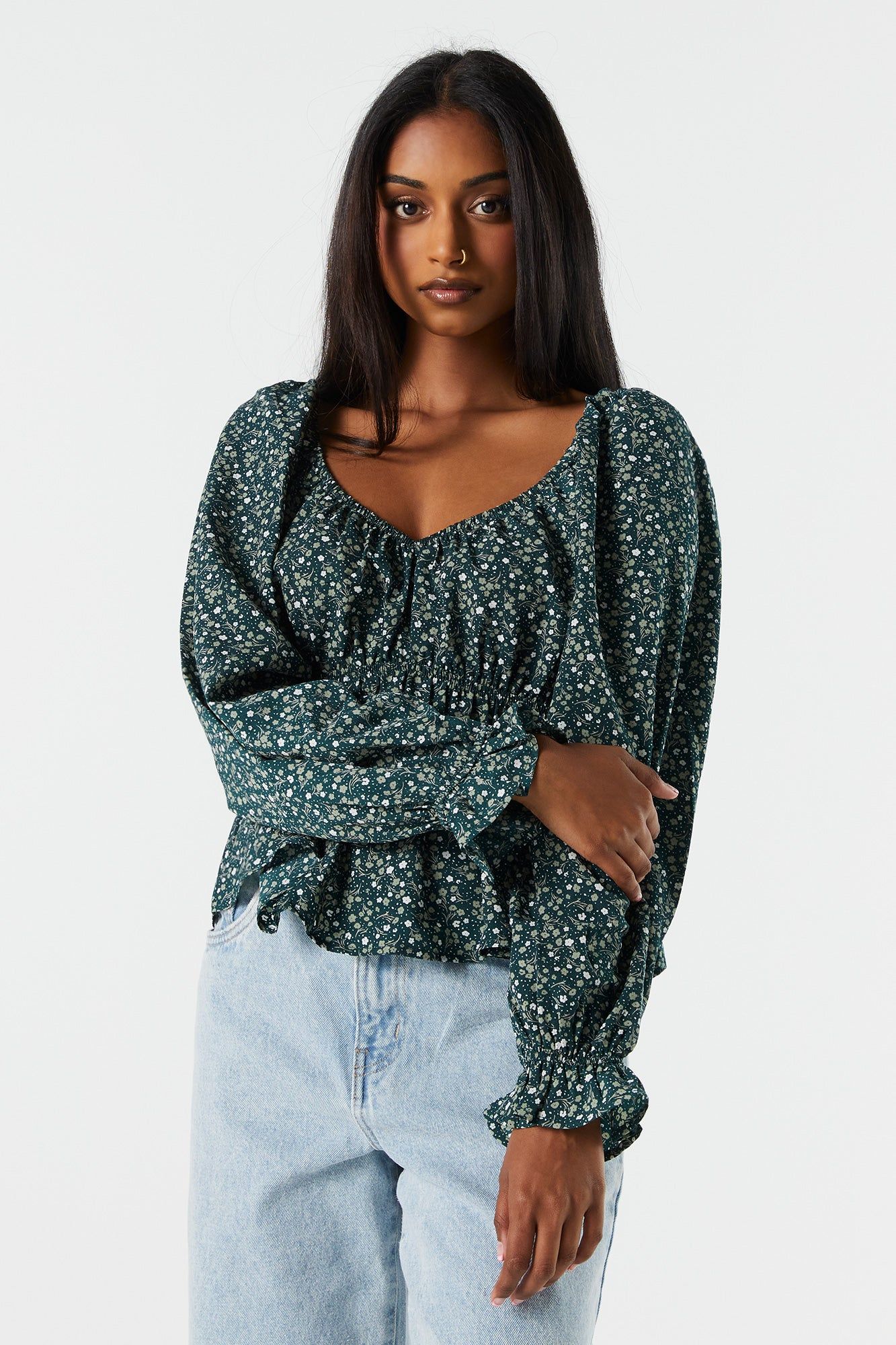 Green Floral Elastic Waist Long Sleeve Top sold by Urban Planet
