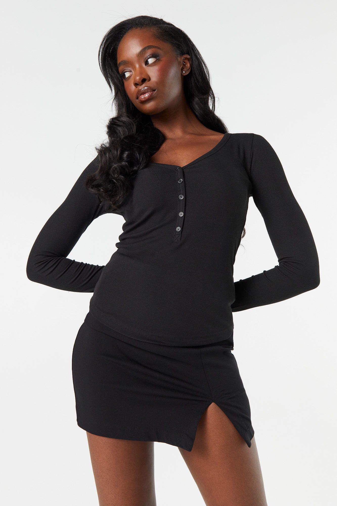 Ribbed Henley Long Sleeve Top sold by Urban Planet product image thumbnail 4