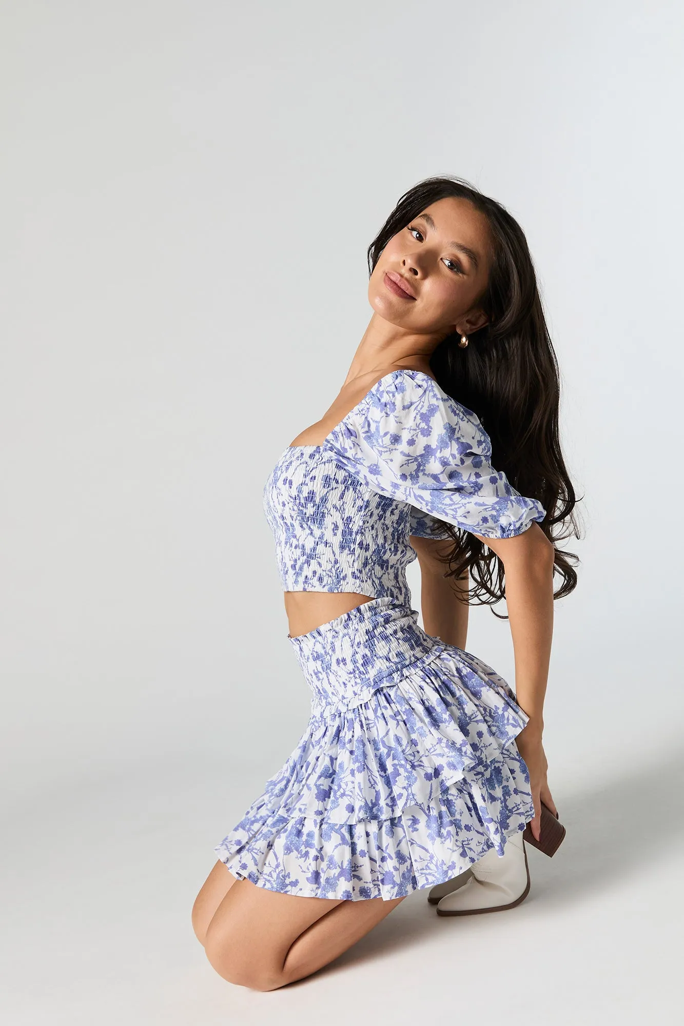 Blue Floral Smocked Puff Sleeve Crop Top sold by Urban Planet