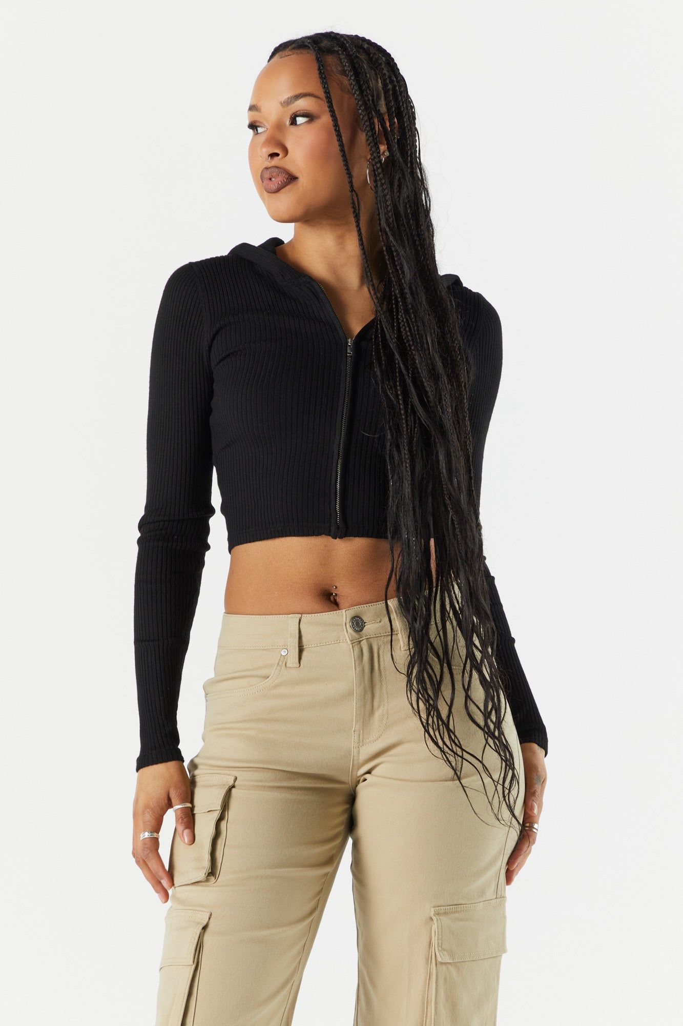 Ribbed Zip-Up Cropped Hoodie sold by Urban Planet product image thumbnail 2