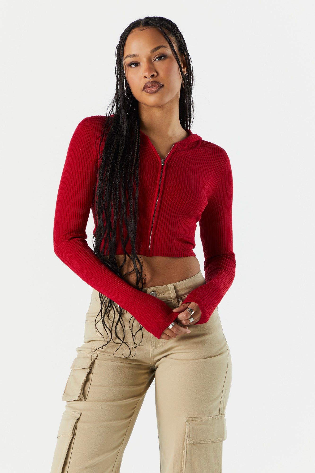 Ribbed Zip-Up Cropped Hoodie sold by Urban Planet product image thumbnail 8