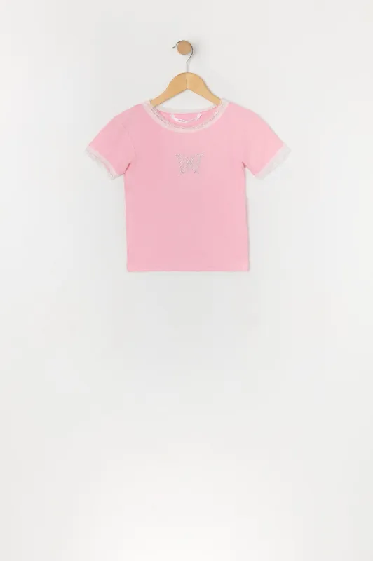 Girls Rhinestone Butterfly Lace Trim T-Shirt sold by Urban Planet