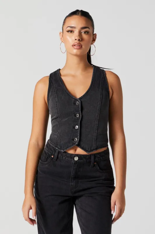 Black Wash Denim Button-Up Vest sold by Urban Planet