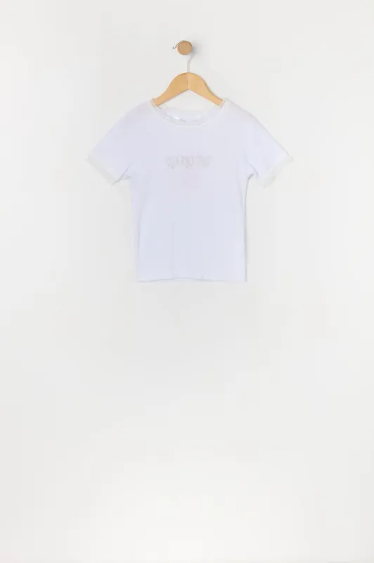 Girls Rhinestone Heart Lace Trim T-Shirt sold by Urban Planet