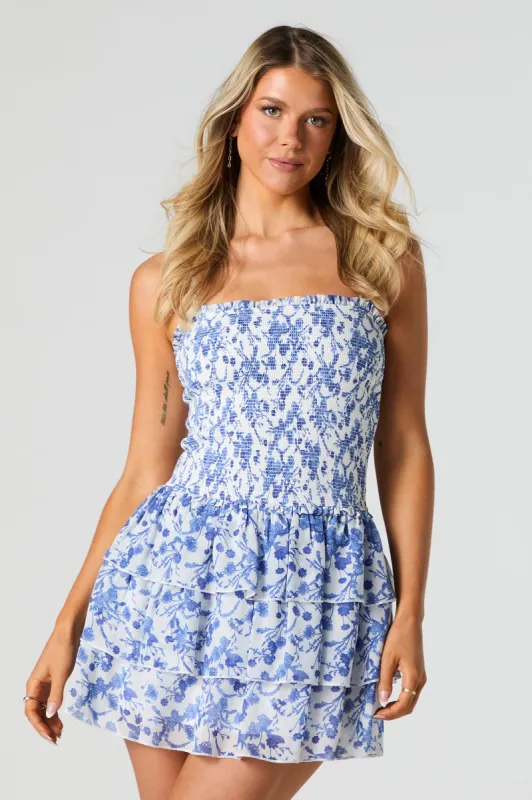Floral Chiffon Smocked Ruffle Mini Dress sold by Urban Planet