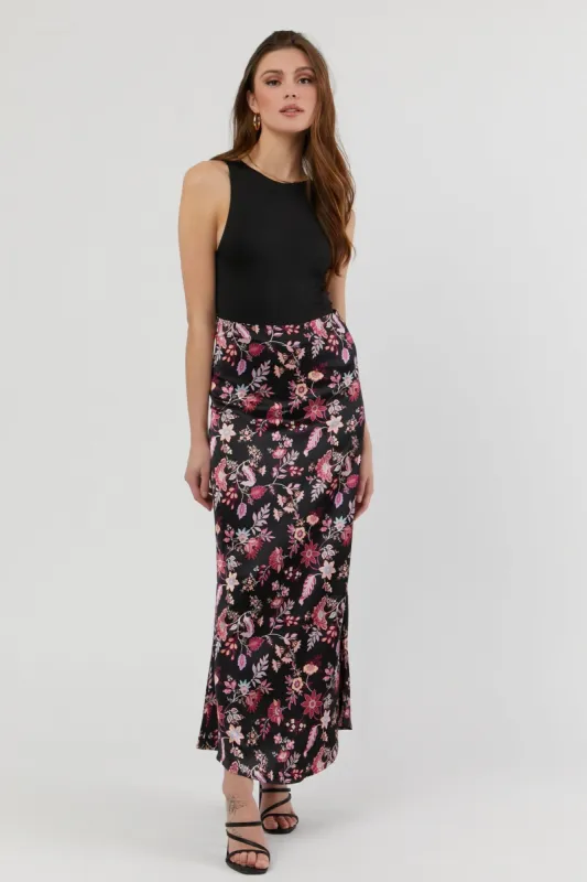 Black Floral Satin Flare Maxi Skirt sold by Urban Planet