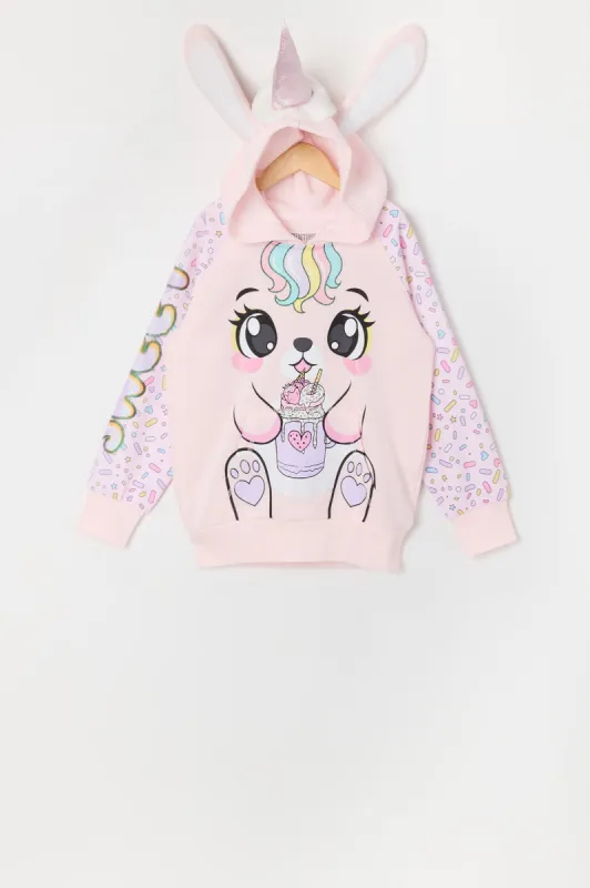 Haut à capuchon avec imprimé Lapin-licorne et lair frappé pour fille sold by Urban Planet