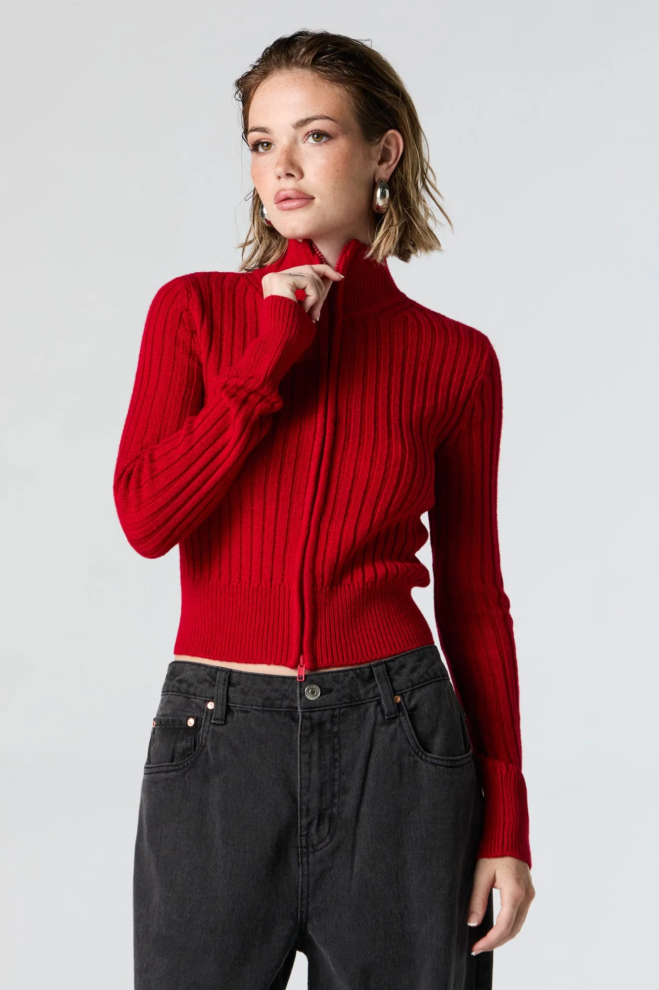 Ribbed Knit Zip-Up Sweater sold by Urban Planet