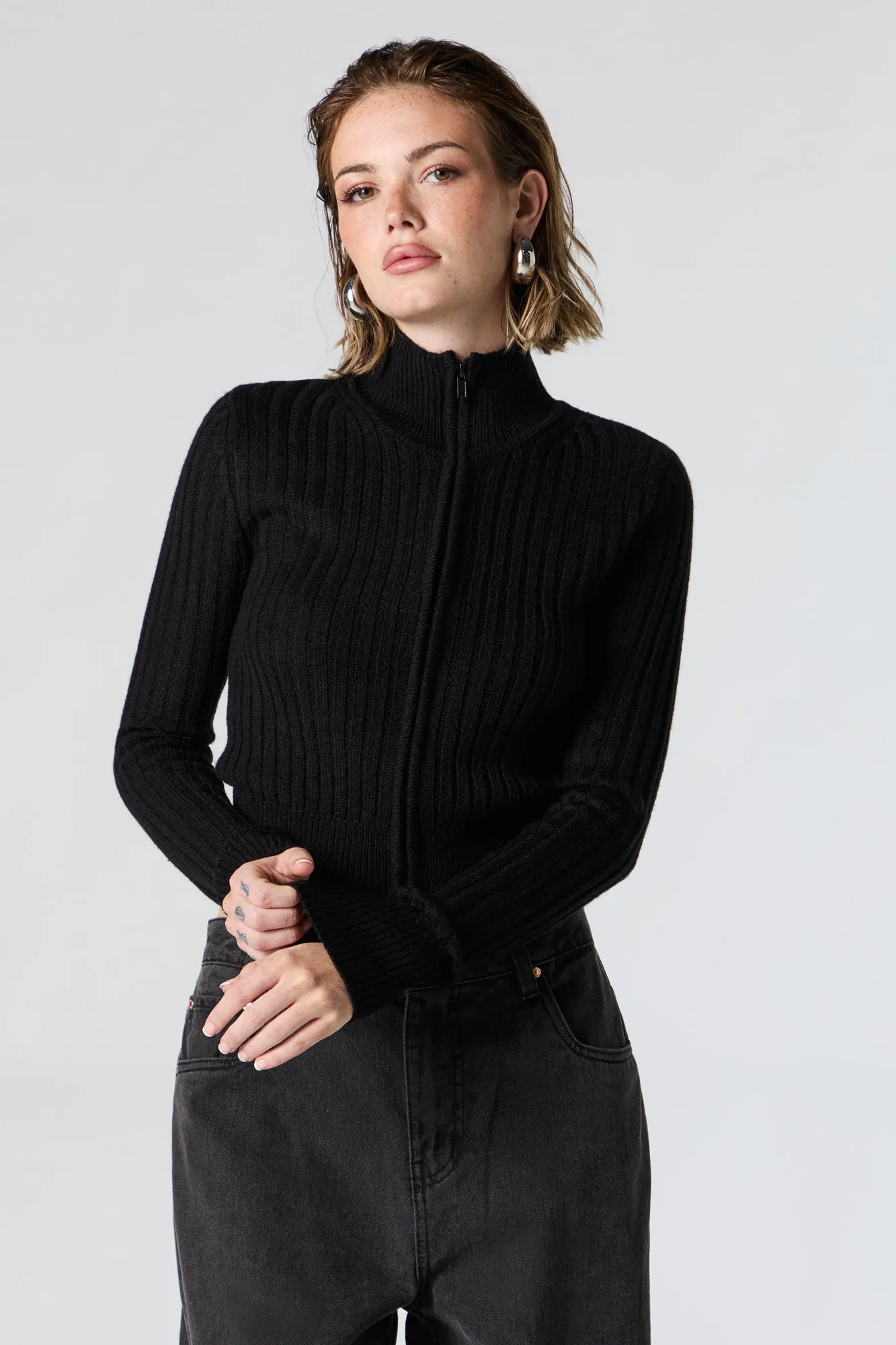 Ribbed Knit Zip-Up Sweater sold by Urban Planet product image thumbnail 4