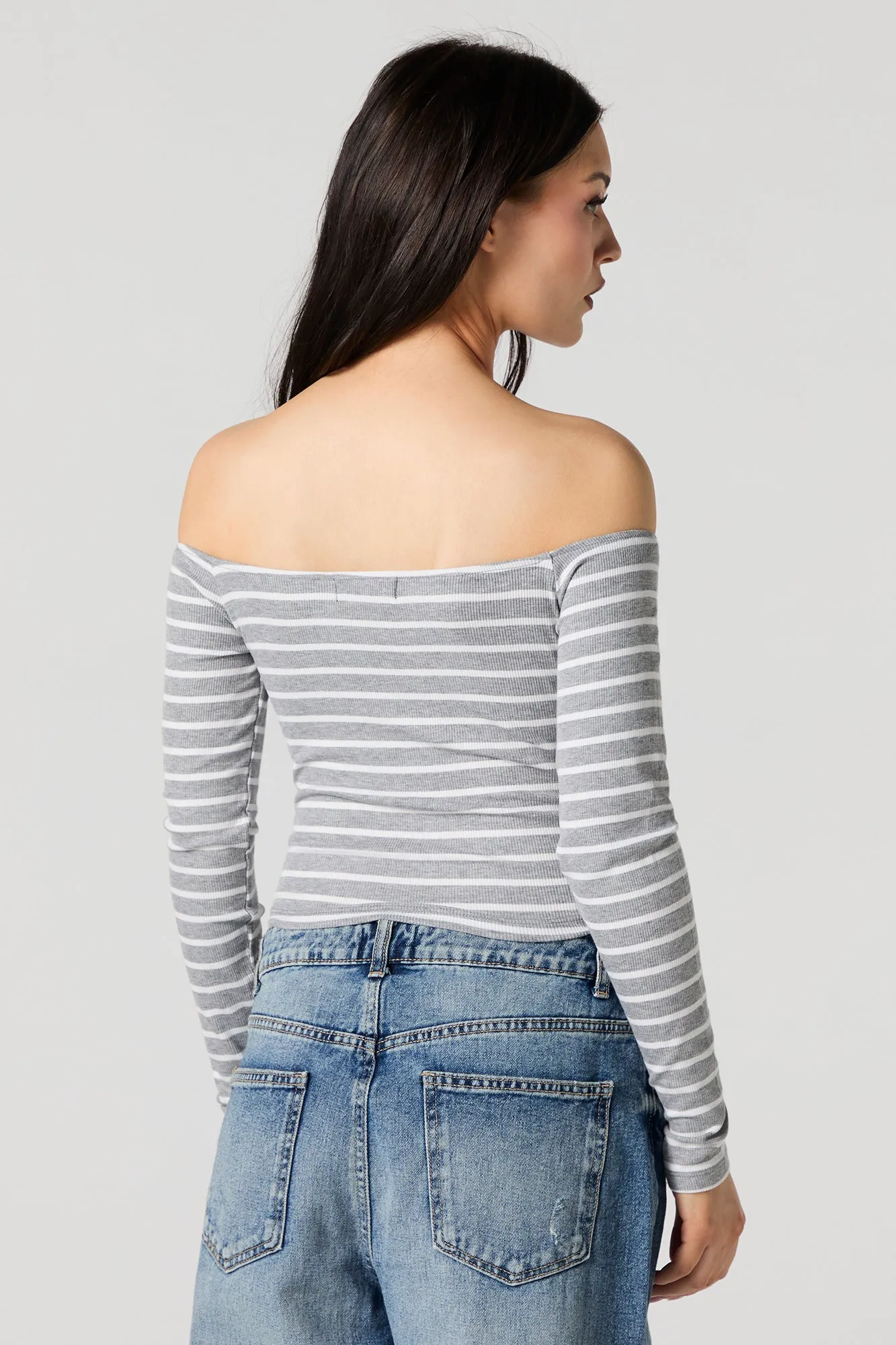 Striped Ribbed Off Shoulder Long Sleeve Top sold by Urban Planet product image thumbnail 5