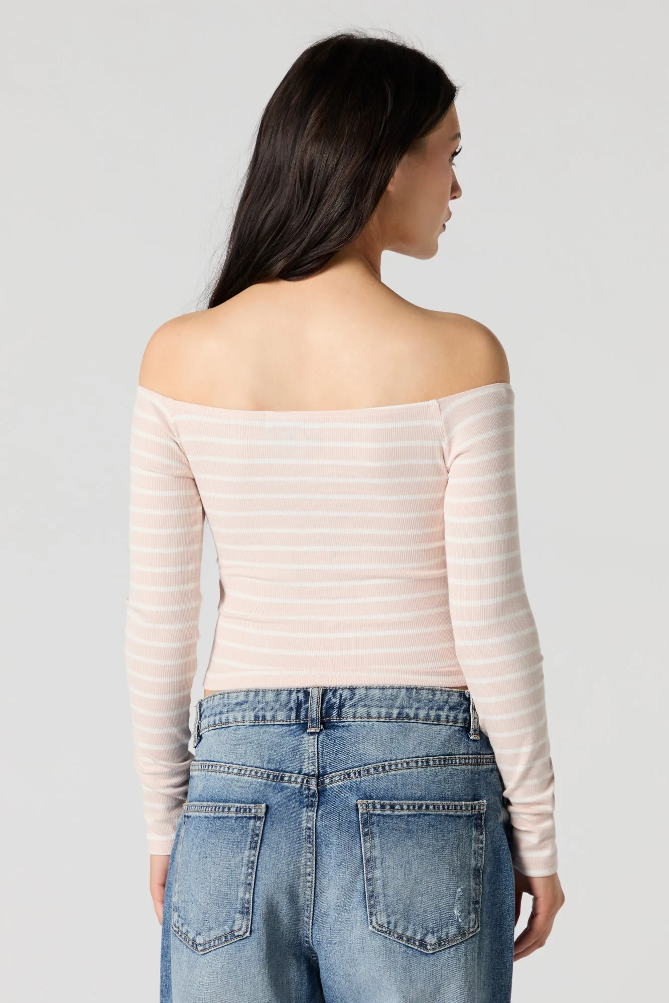 Striped Ribbed Off Shoulder Long Sleeve Top sold by Urban Planet product image thumbnail 2
