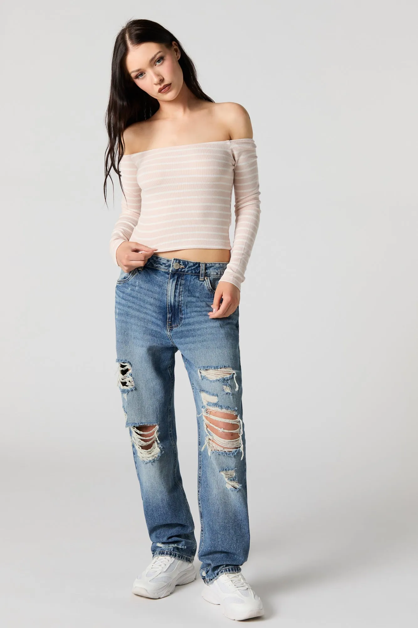 Striped Ribbed Off Shoulder Long Sleeve Top sold by Urban Planet product image thumbnail 3