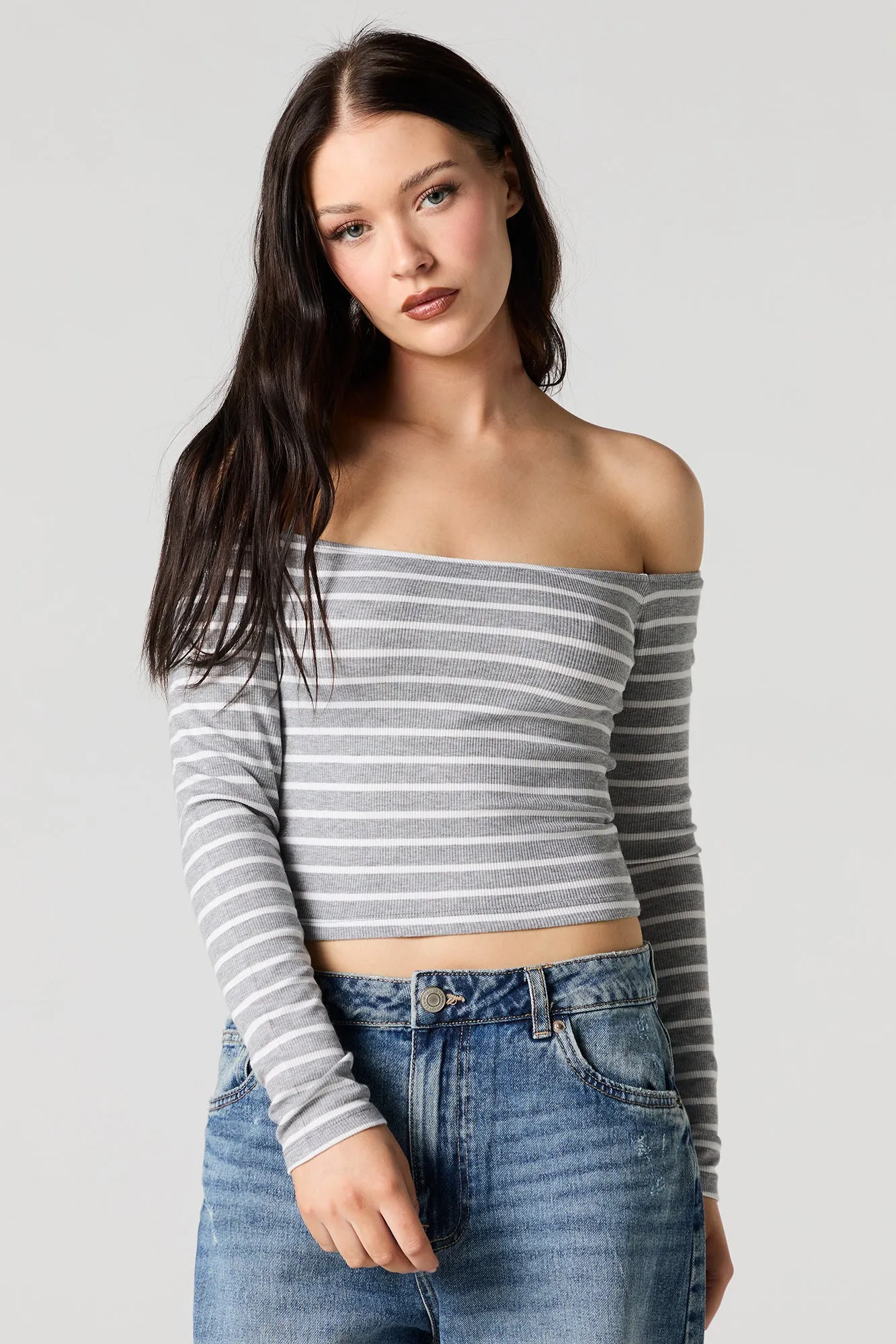 Striped Ribbed Off Shoulder Long Sleeve Top sold by Urban Planet product image thumbnail 4