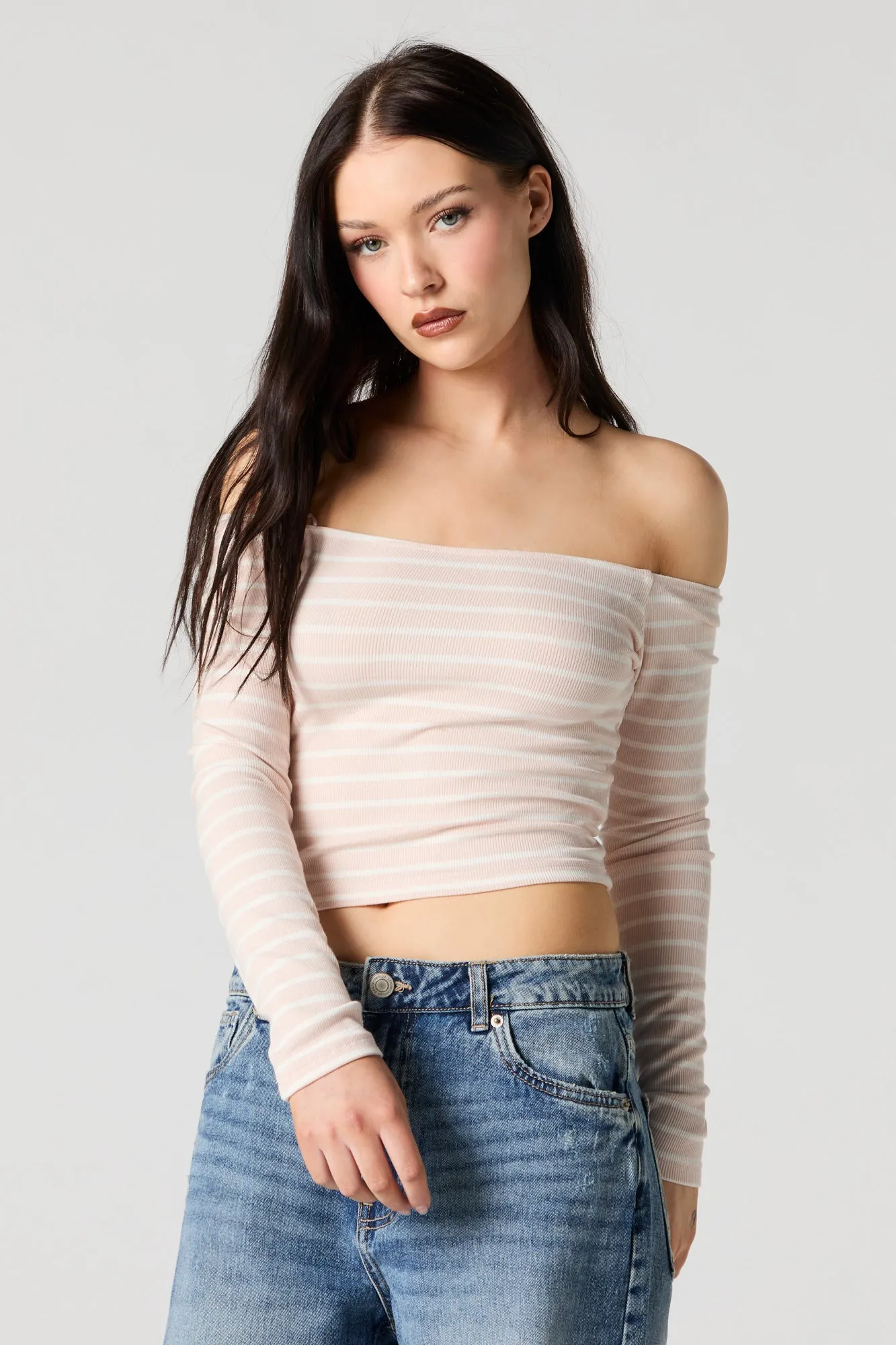 Striped Ribbed Off Shoulder Long Sleeve Top sold by Urban Planet