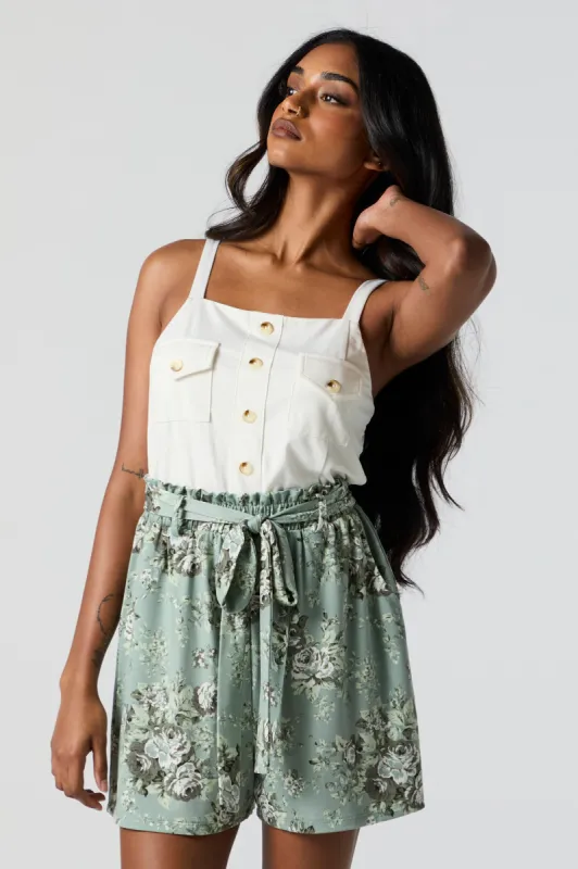 Green Floral Paperbag Button-Up Romper sold by Urban Planet