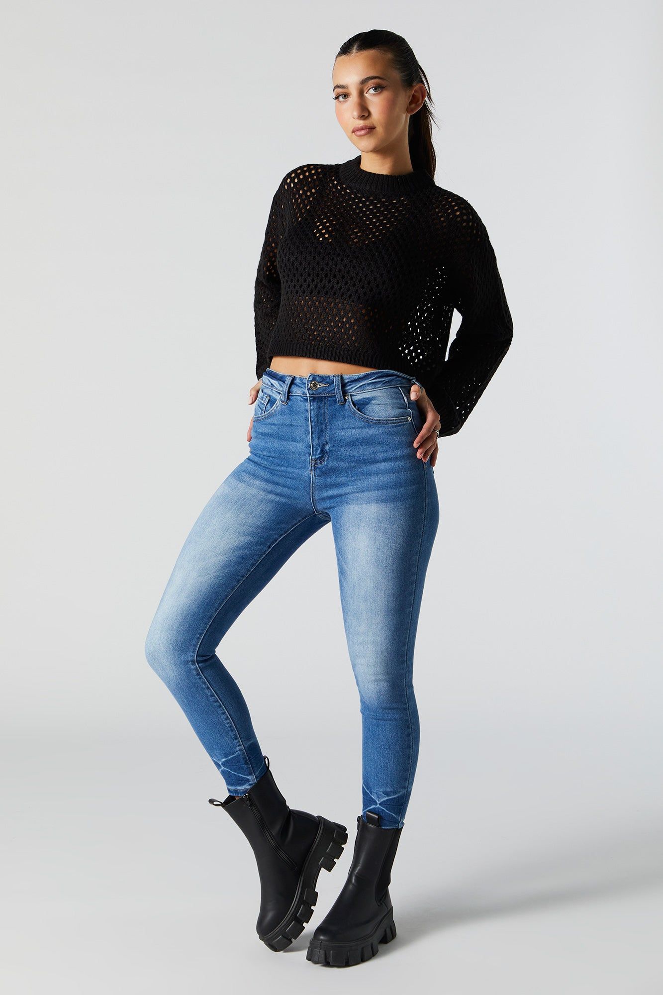 Medium Wash Crinkled Hem Skinny Jean sold by Urban Planet