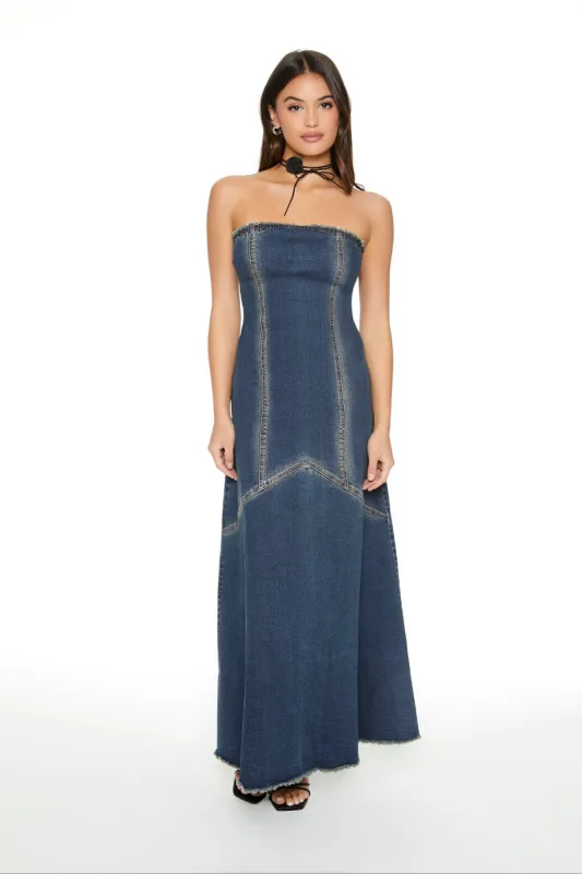 Frayed Denim Strapless Maxi Dress sold by Urban Planet