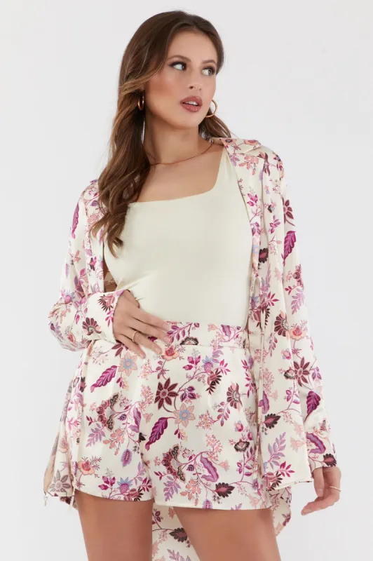 Blazer en satin fleuri blanc avec attache sold by Urban Planet