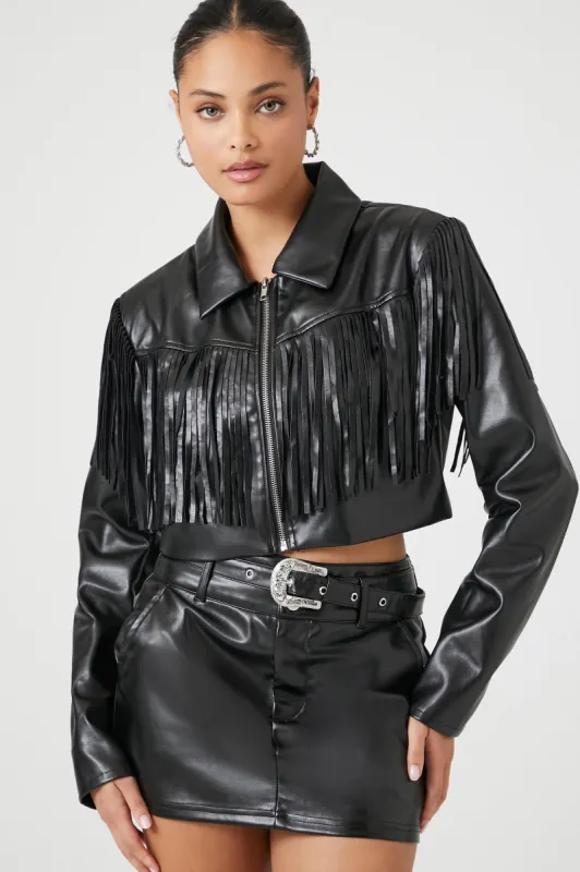 Faux Leather Fringe Zip-Up Cropped Jacket sold by Urban Planet