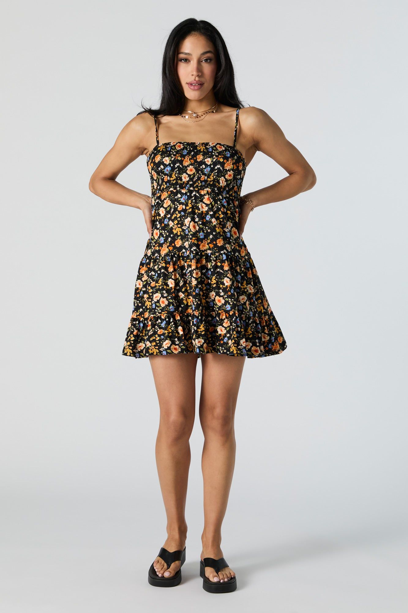 Black Floral Print Smocked Tiered Mini Dress sold by Urban Planet product image thumbnail 4