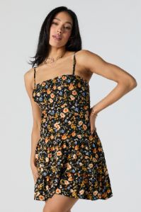 Black Floral Print Smocked Tiered Mini Dress sold by Urban Planet