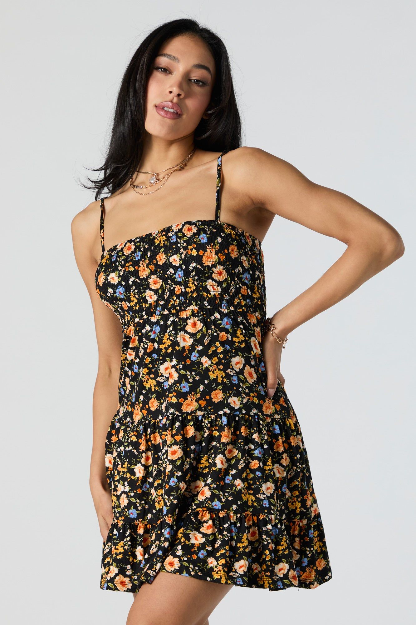Black Floral Print Smocked Tiered Mini Dress sold by Urban Planet product image thumbnail 2