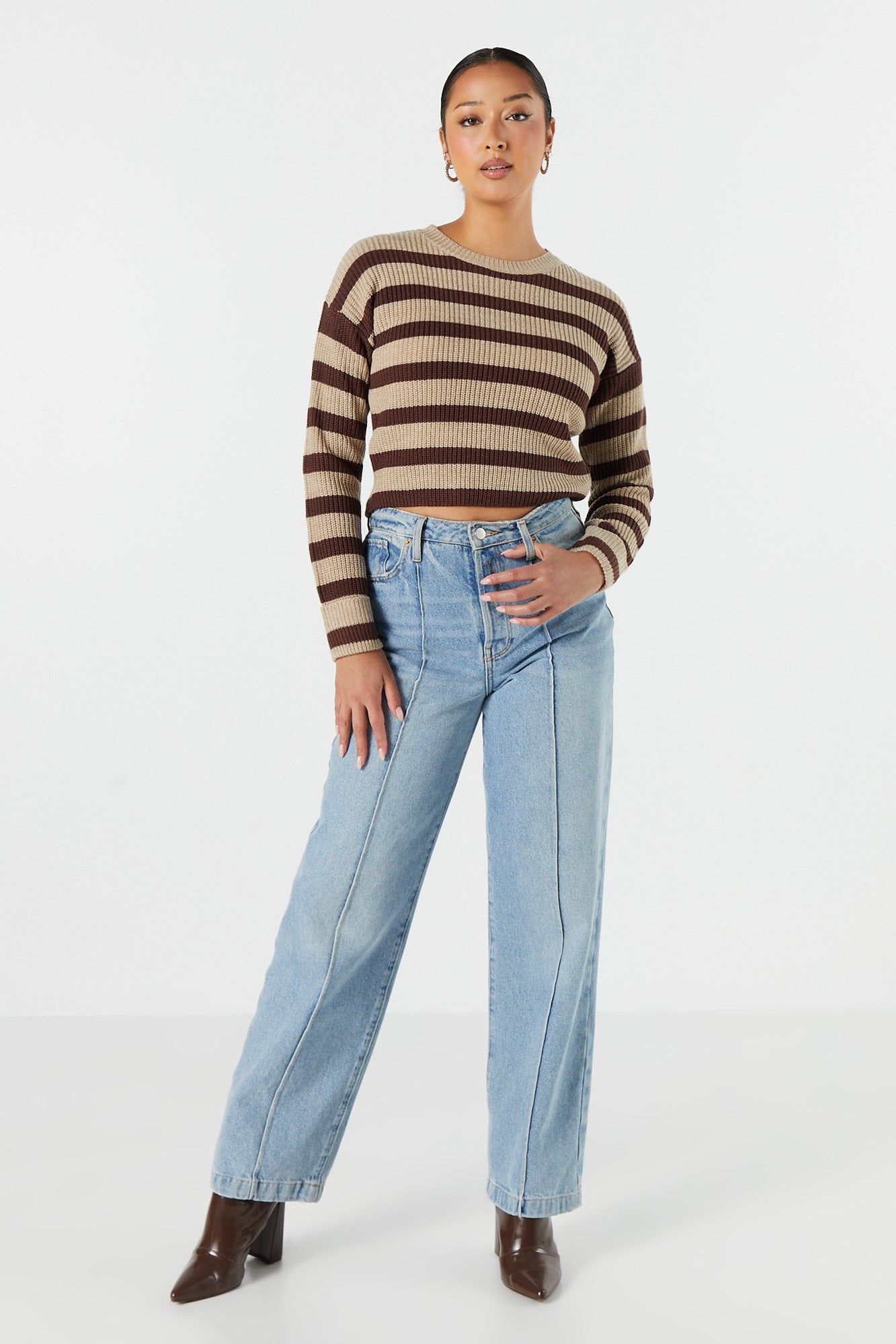Striped Long Sleeve Cropped Knit Sweater sold by Urban Planet product image thumbnail 3