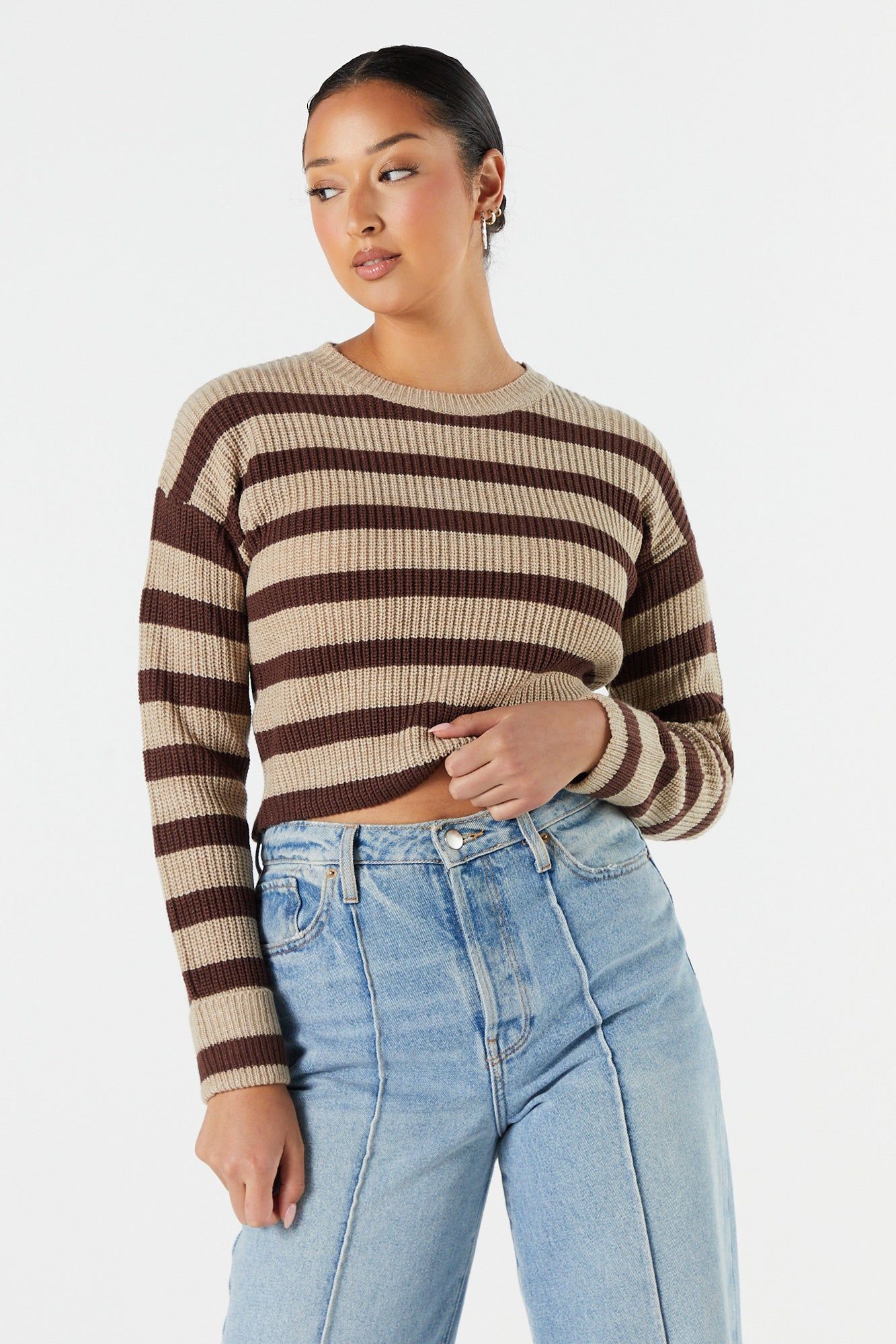 Striped Long Sleeve Cropped Knit Sweater sold by Urban Planet