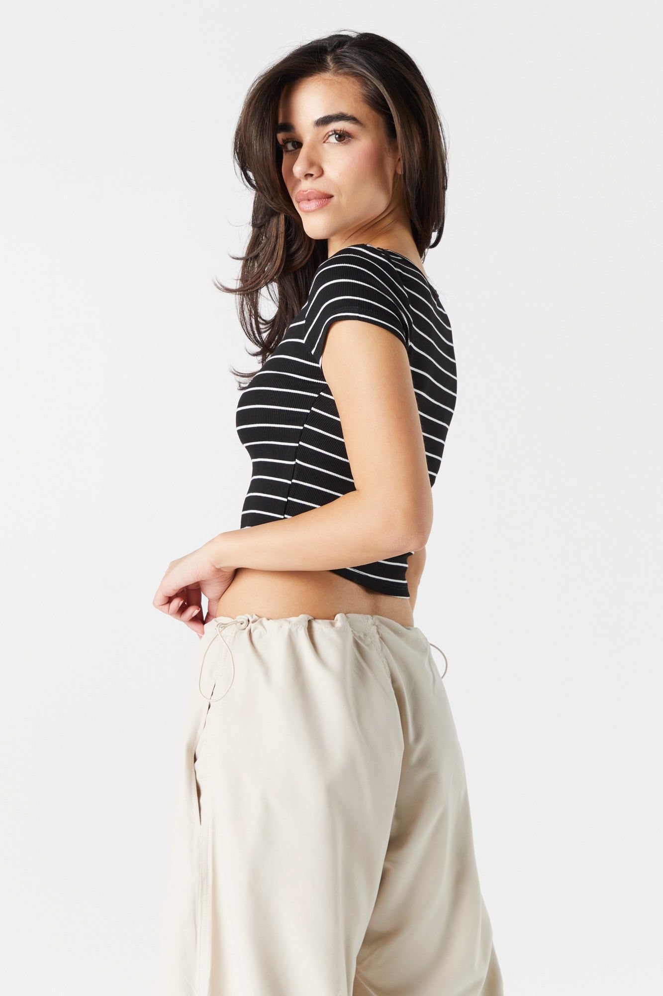 Striped Ribbed Notched Cropped T-Shirt sold by Urban Planet product image thumbnail 2