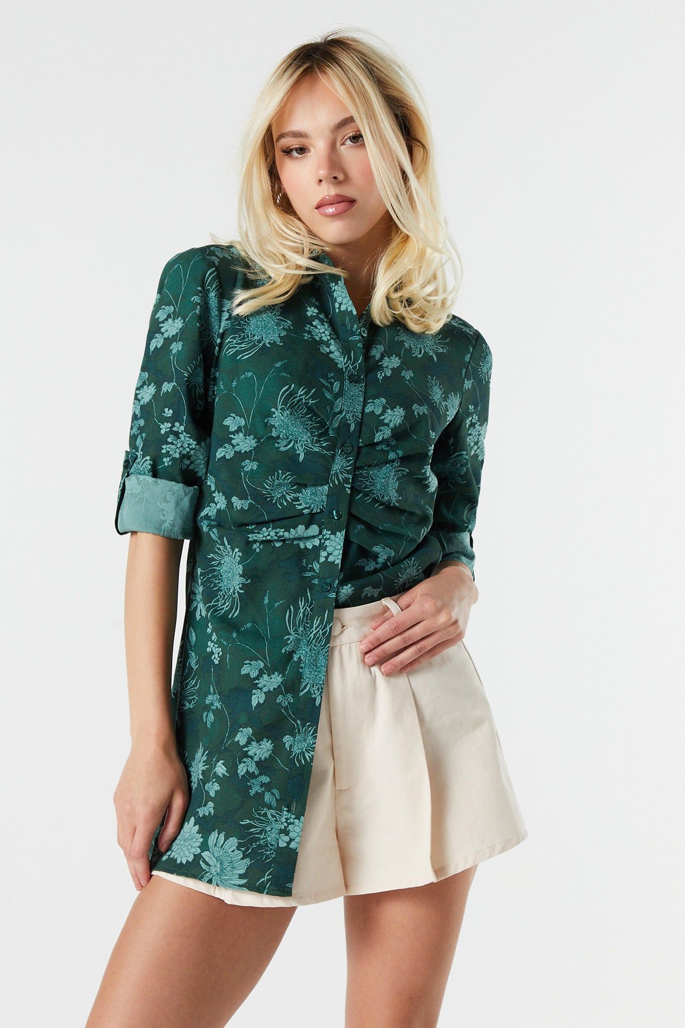 Floral Print Rolled Sleeve Button-Up Top sold by Urban Planet