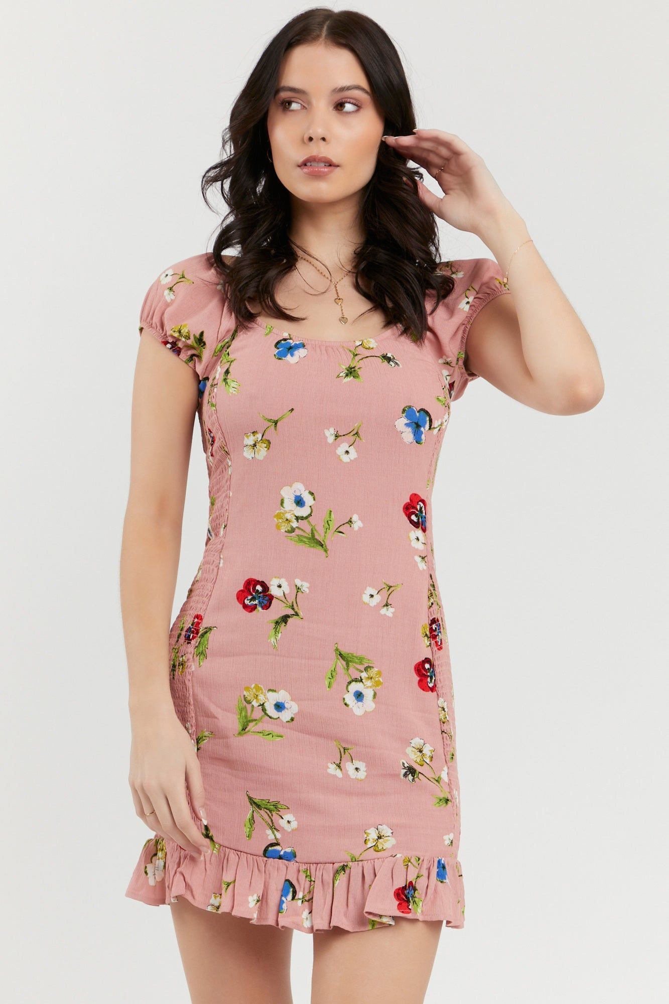 Pink Floral Print Smocked Mini Dress sold by Urban Planet