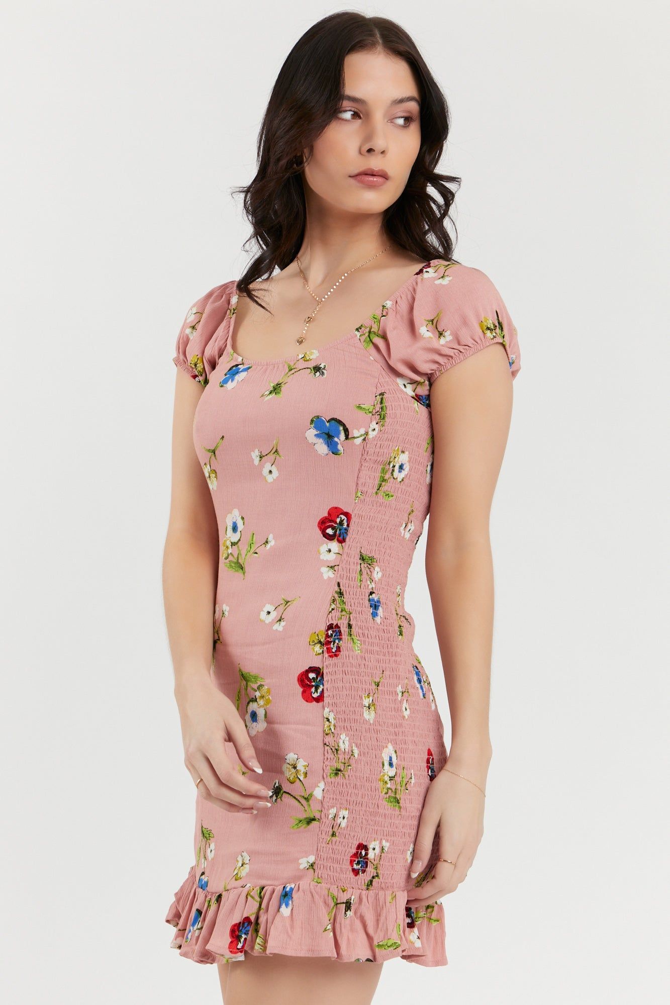 Pink Floral Print Smocked Mini Dress sold by Urban Planet product image thumbnail 3