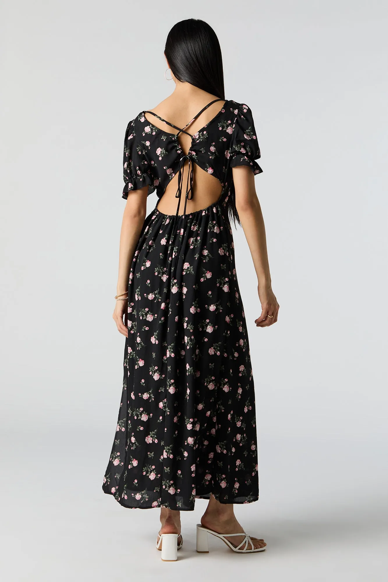 Black Floral Self-Tie Back Midi Dress sold by Urban Planet product image thumbnail 3