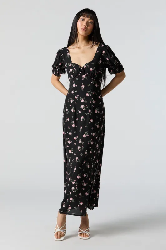 Black Floral Self-Tie Back Midi Dress sold by Urban Planet