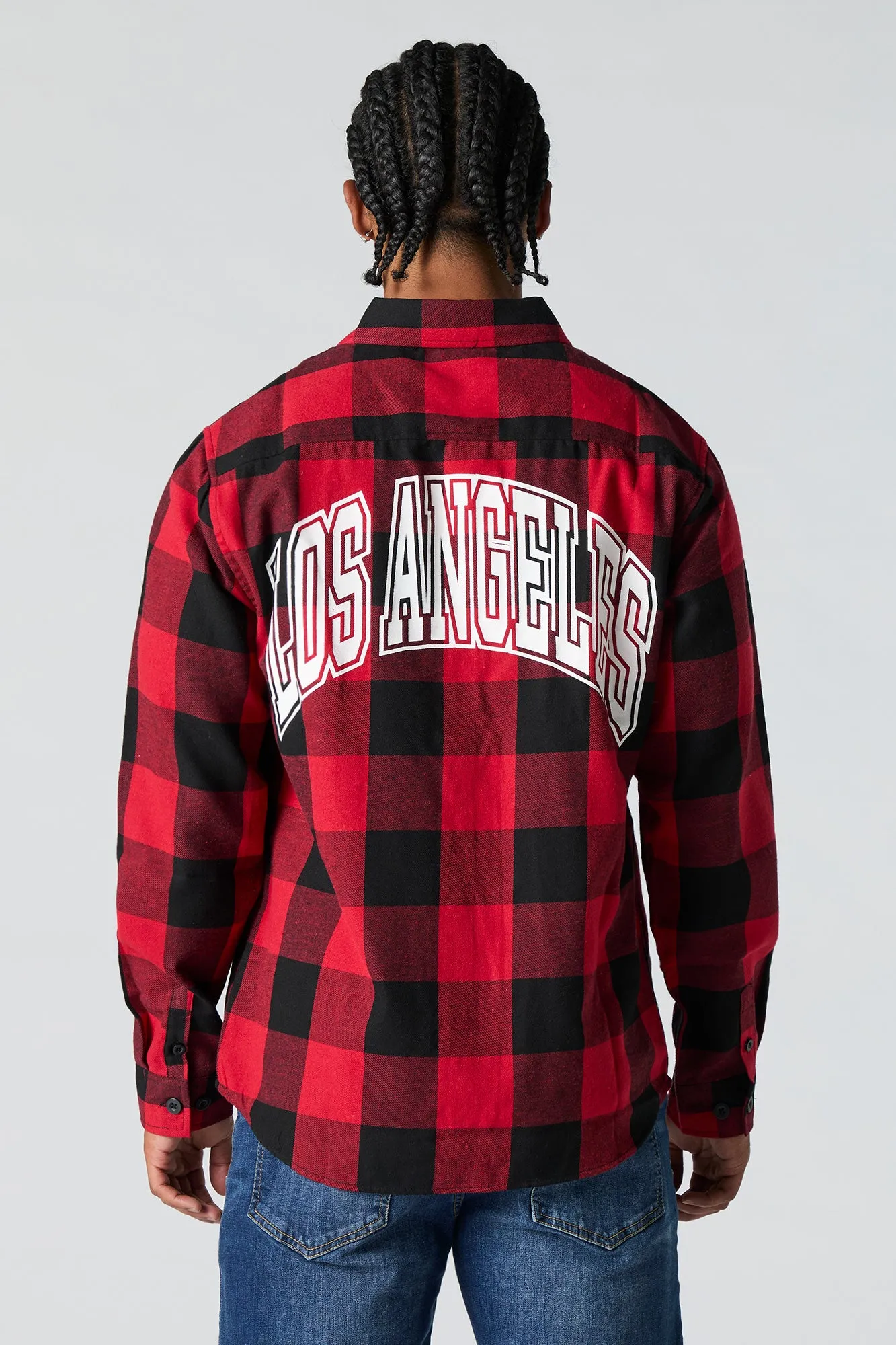 Los Angeles Graphic Plaid Button-Up Top sold by Urban Planet