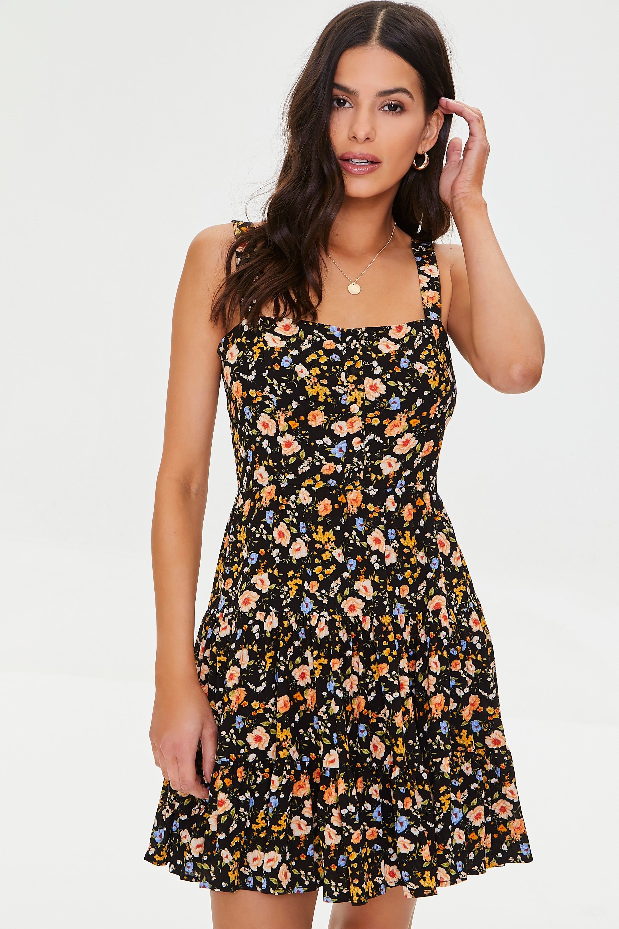 Black Floral Print Mini Dress sold by Urban Planet