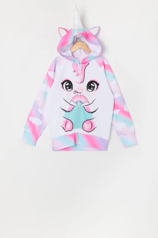 Haut à capuchon avec imprimé Licorne et arc-en-ciel avec fermeture à glissière pour fille sold by Urban Planet