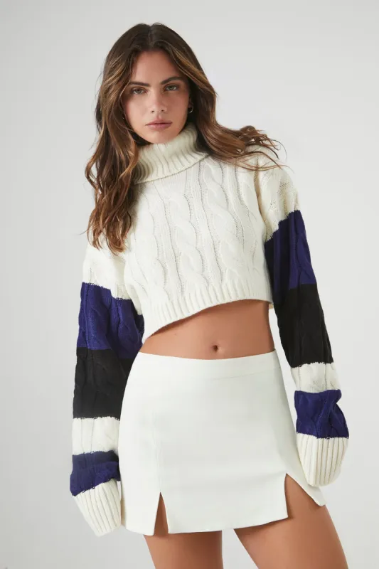 Cable Knit Colourblock Cropped Turtleneck Sweater sold by Urban Planet