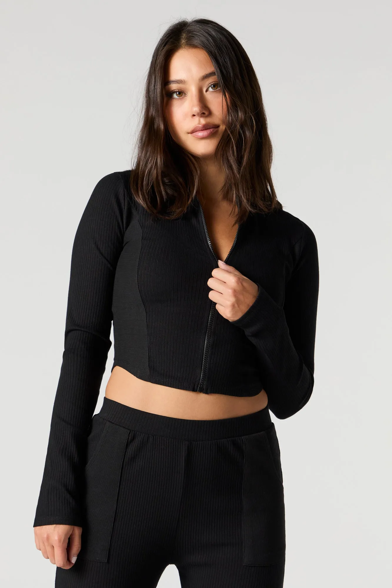 Ribbed Zip-Up Long Sleeve Crop Top sold by Urban Planet