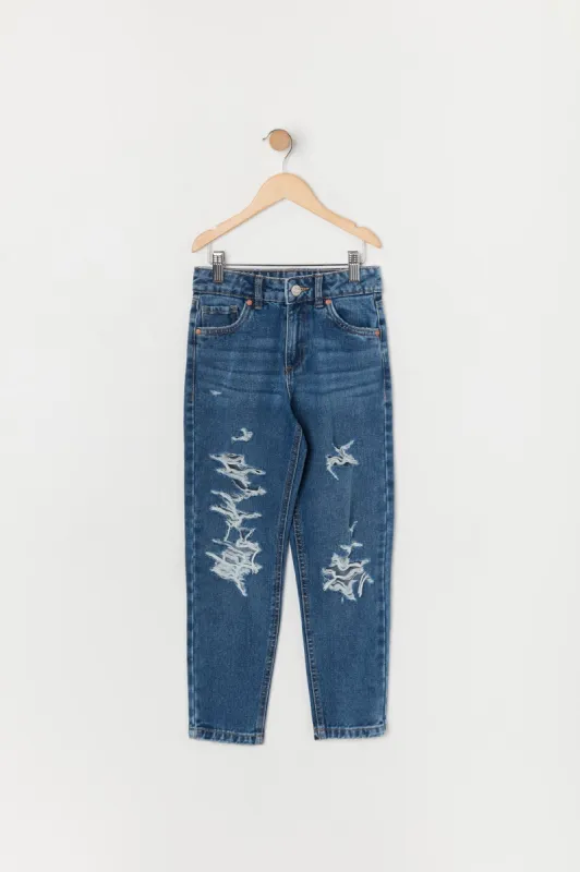 Girls Dark Wash High Rise Distressed Mom Jean sold by Urban Planet