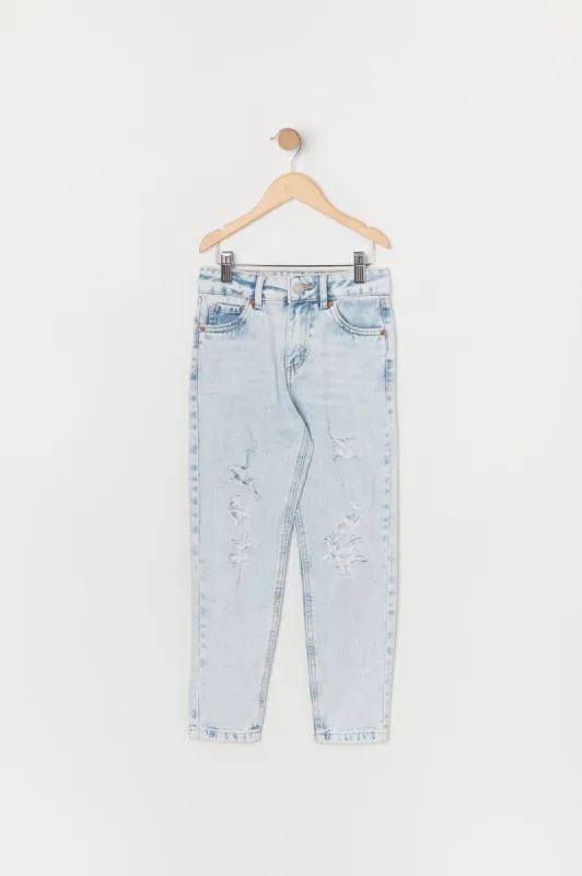 Girls Light Wash High Rise Distressed Mom Jean sold by Urban Planet