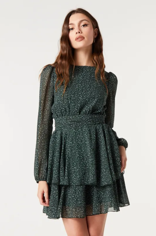 Green Print Chiffon Tiered Dress sold by Urban Planet