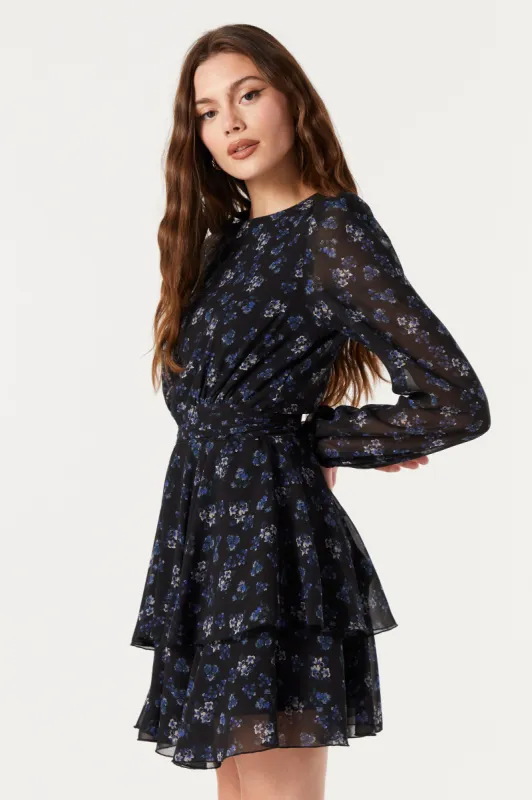 Blue and Black Floral Chiffon Tiered Dress sold by Urban Planet